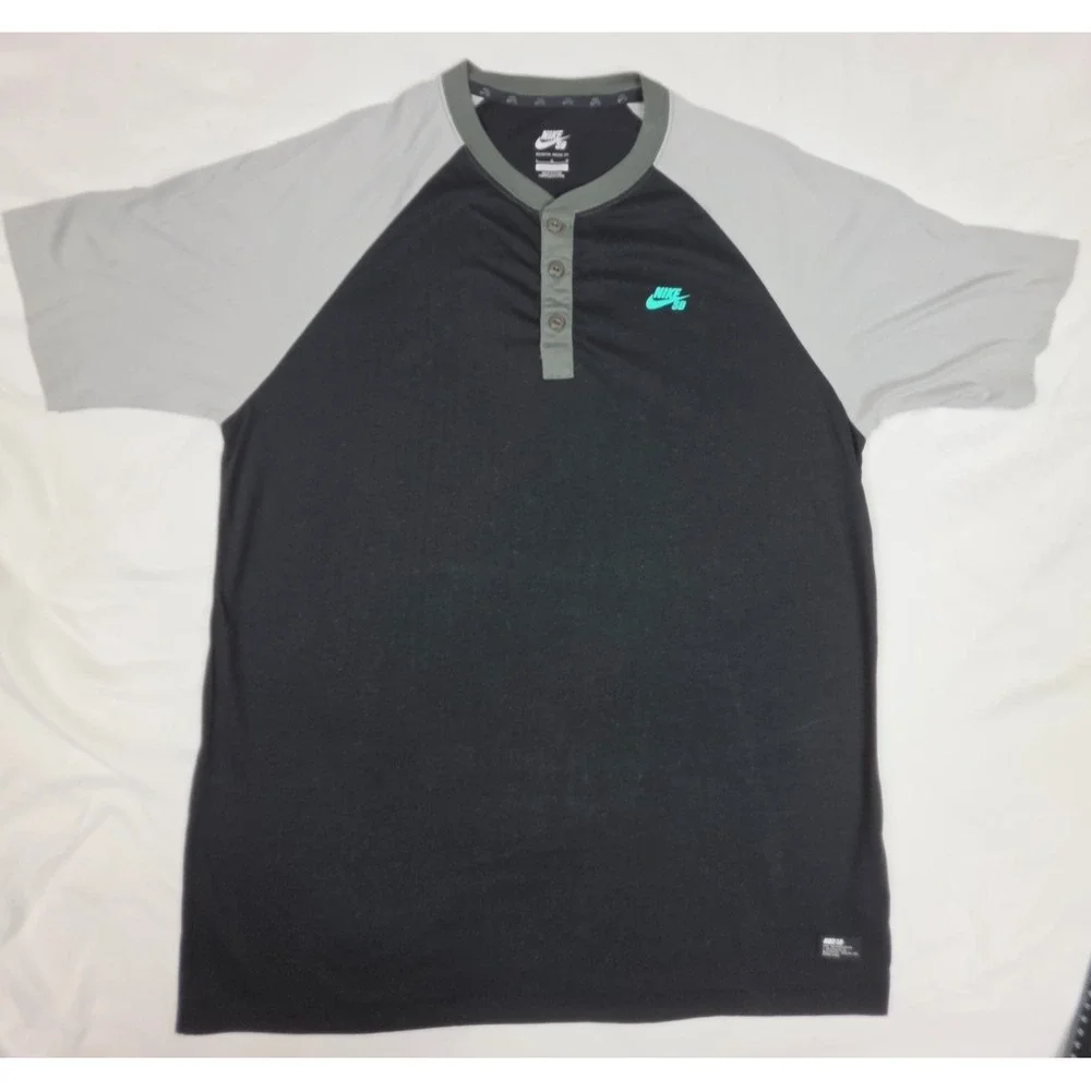Nike SB Dri-FIT Mens Large Black Gray Raglan Henley Skateboarding Shirt